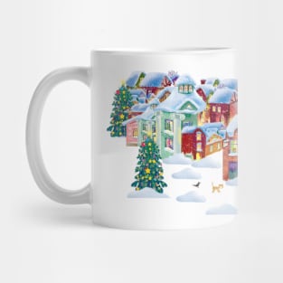 merry snow-covered houses with lights in the new year Mug